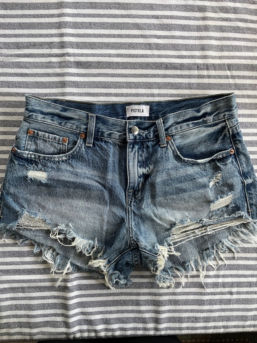PISTOLA Distressed Medium Blue Frayed Denim Shorts